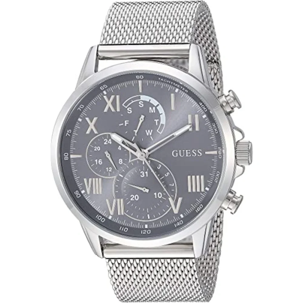 Silver-Tone And Grey Mesh Multifunctional Watch